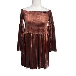Lucca Los Angeles NWT Brown Velvet Babydoll dress, Boho Cold Shoulder Dress Smal